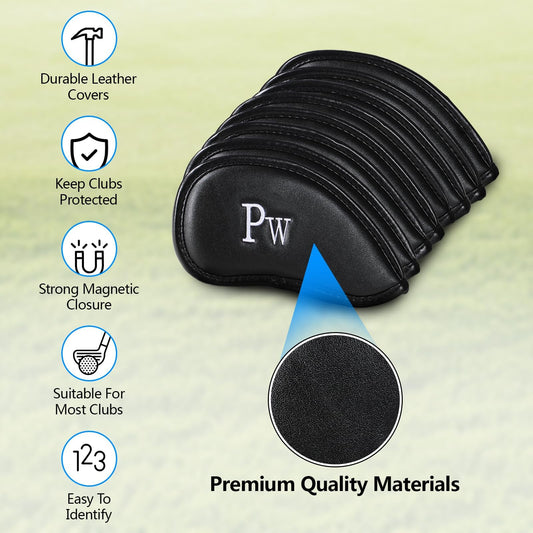 Double-Sided Embroidered Golf Iron Covers Magnetic Synthetic Leather For Left & Right-Handed Clubs. Waterproof, Scratch-Resistant, And Durable Daily Protection. - 10 Pack - Black