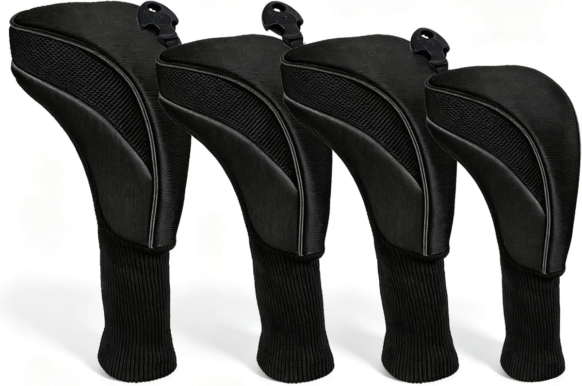 Golf Club Head Covers Set (4 Pcs) For Fairway Woods, Driver, And Hybrids - Long Neck Mesh Design With Interchangeable 3/4/5/6/7/x Number Tags - Golf Accessories For Men And Women - Black