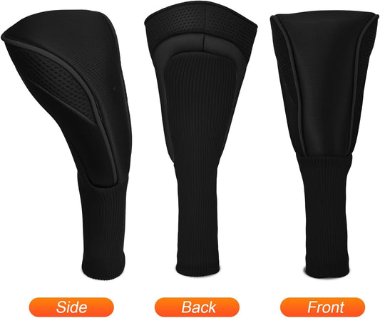 Golf Club Head Covers Set (4 Pcs) For Fairway Woods, Driver, And Hybrids - Long Neck Mesh Design With Interchangeable 3/4/5/6/7/x Number Tags - Golf Accessories For Men And Women - Black