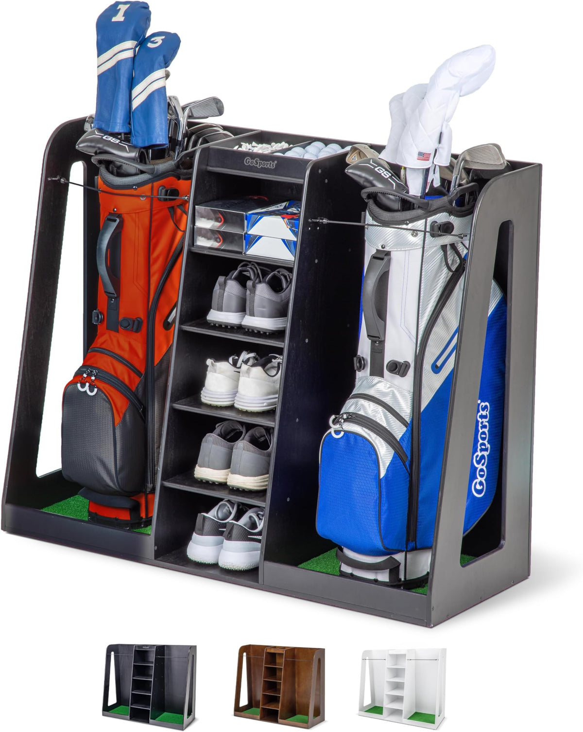 Gosports Premium Wooden Golf Bag Organizer And Storage Rack - Black, White Or Brown Finish - Holds 2 Golf Bags - Black