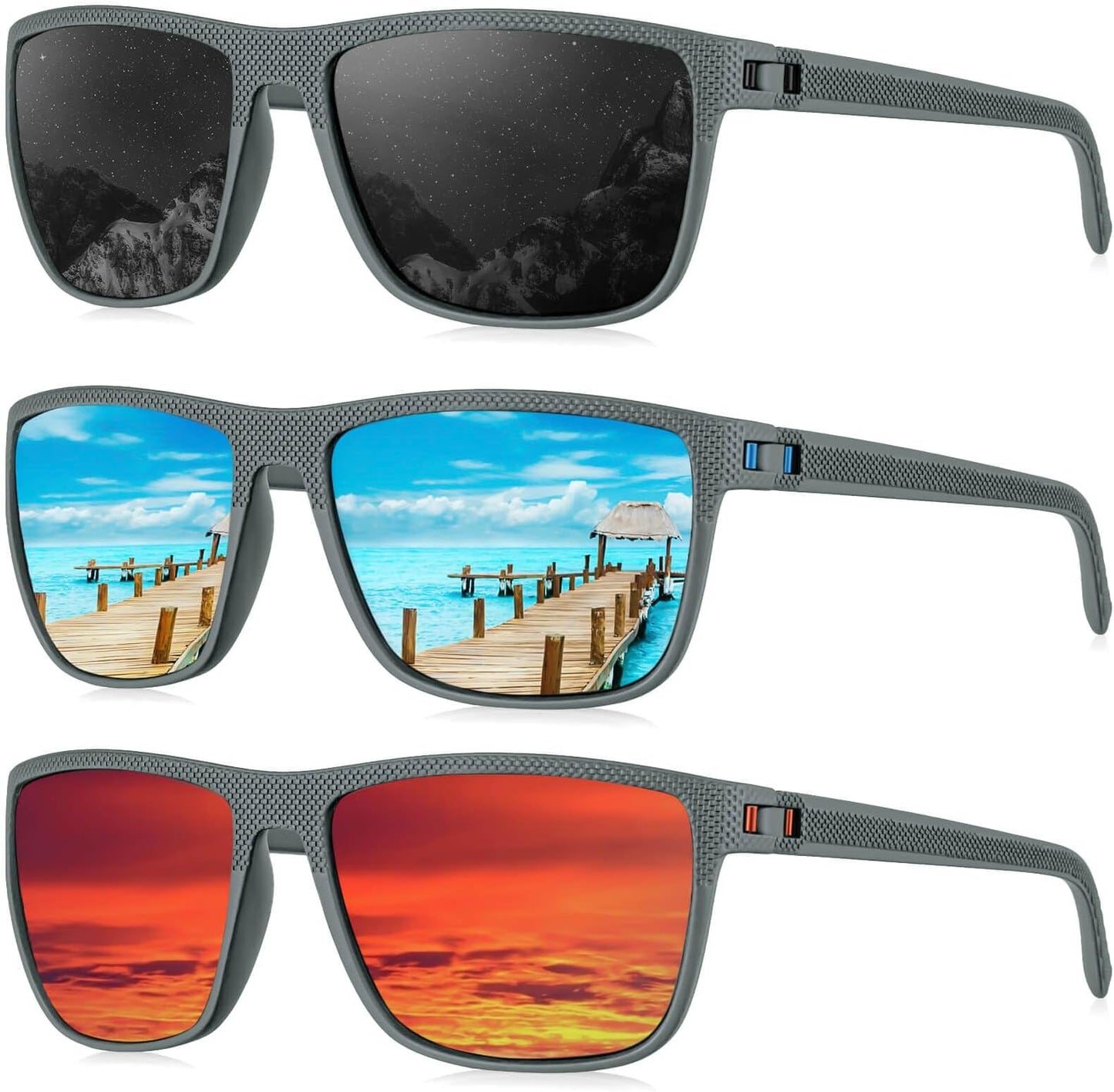 Kaliyadi Polarized Sunglasses For Men, Lightweight Sun Glasses With Uv Protection For Driving Fishing Golf - (3 Pack) Z Frame Grey|lens Black/ice Blue/red