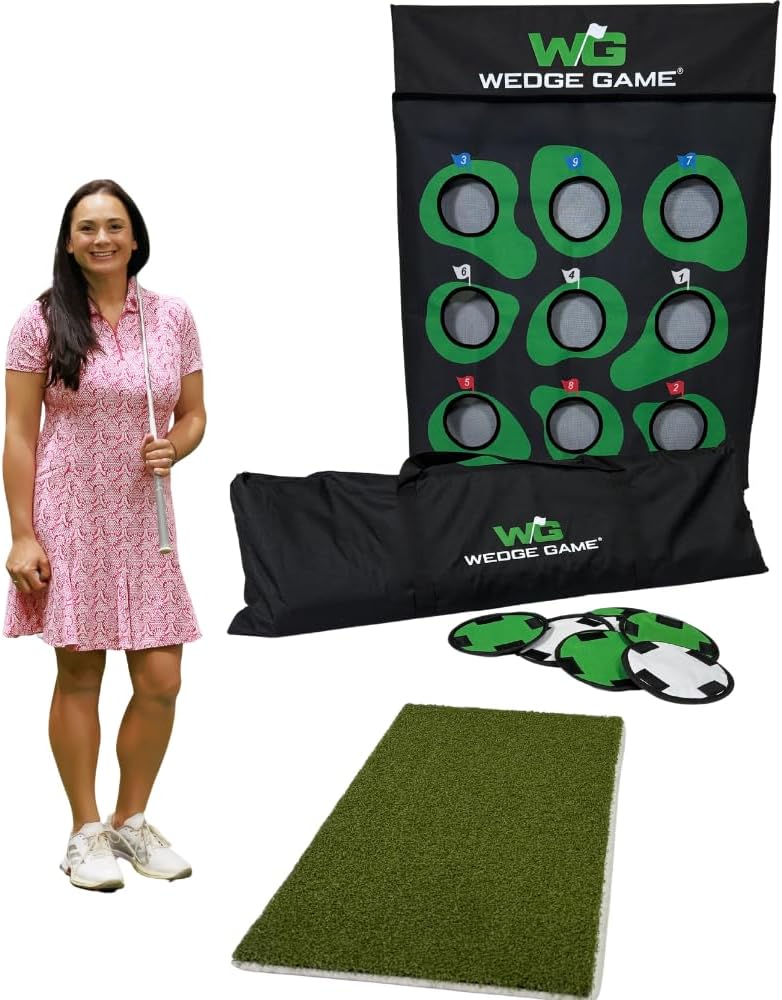 Large Premium Golf Short Game Backyard Game Indoor/outdoor Chipping And Pitching Net With True Auto Ball Return, 9 Holes Of Golf, Tic-Tac-Toe And More! - Wedge Game With Chipping Mat