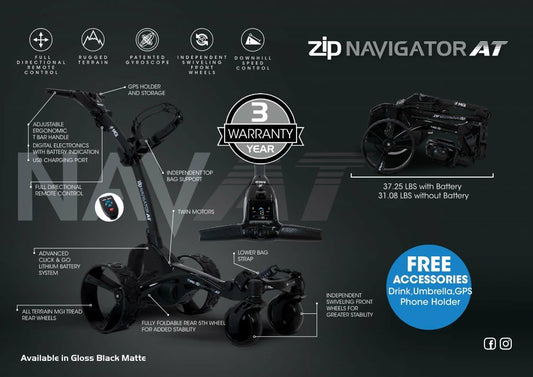 Mgi Zip Navigator All Terrain Electric Golf Cart - 36 Hole Battery - Remote Control - (drink, Umbrella, Gps-Phone) - Gloss Black-Matte Black