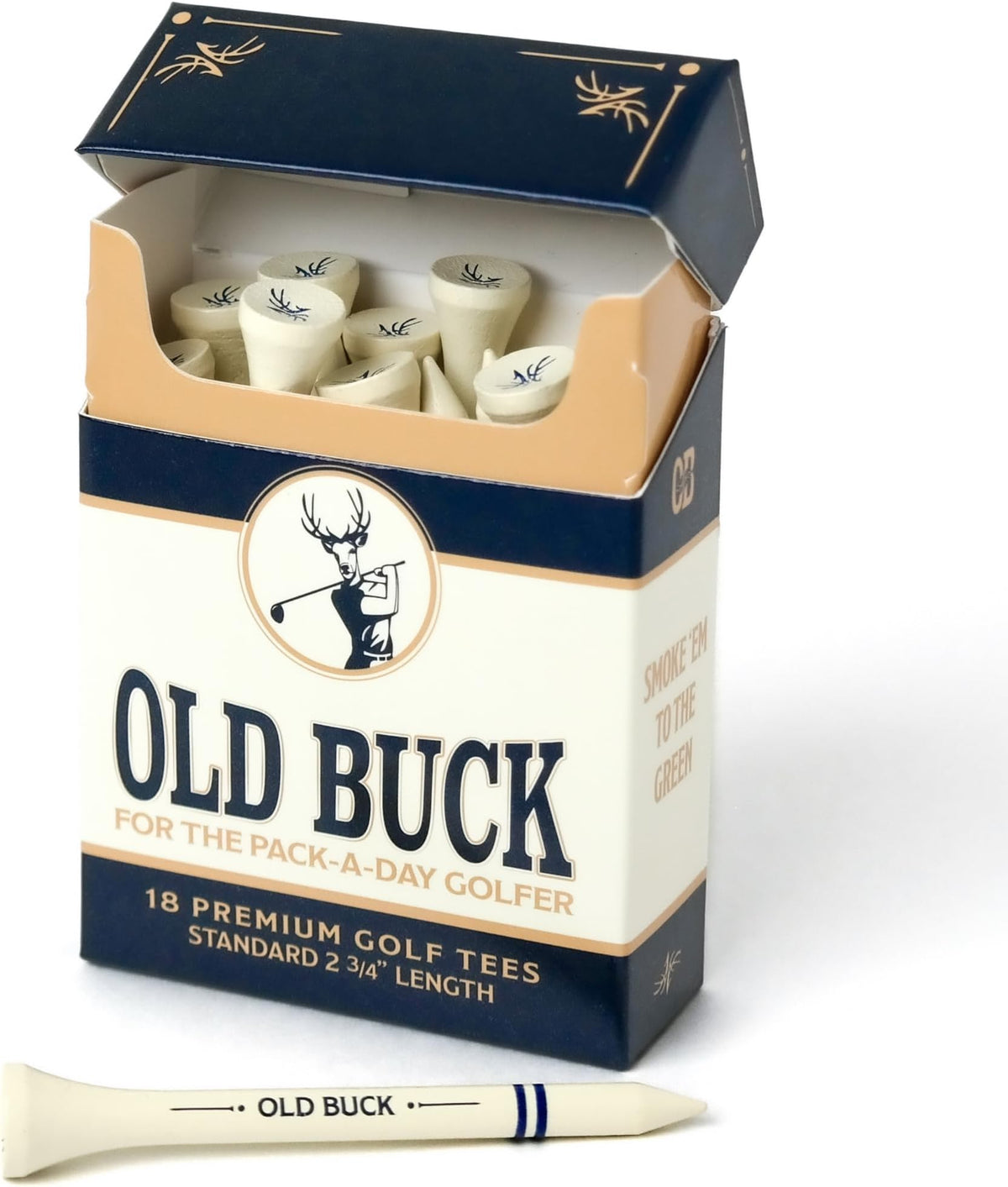 Old Buck 2 3/4" Bamboo Golf Tees, Premium Wooden Driver Tees In Cigarette-Style Carton — 18 Tees — Novelty Golf Gift For Men, Dad & Groomsmen - Single (18 Tees)