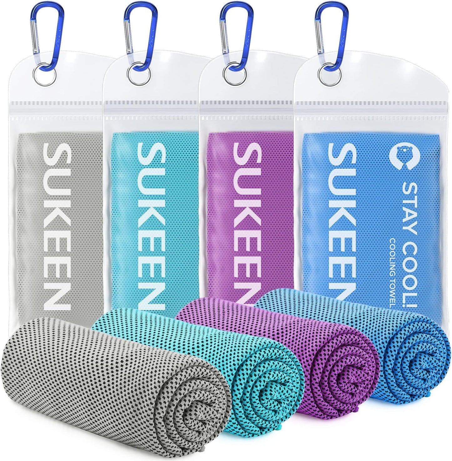 Sukeen 4 Pack Cooling Towels (40"x12"), Cooling Neck Wraps, Ice Towel, Soft Breathable Chilly Towel,microfiber Towel For Yoga,sport,running,gym,workout,camping,fitness,workout & More Activities - Grey/lake Blue/purple/blue