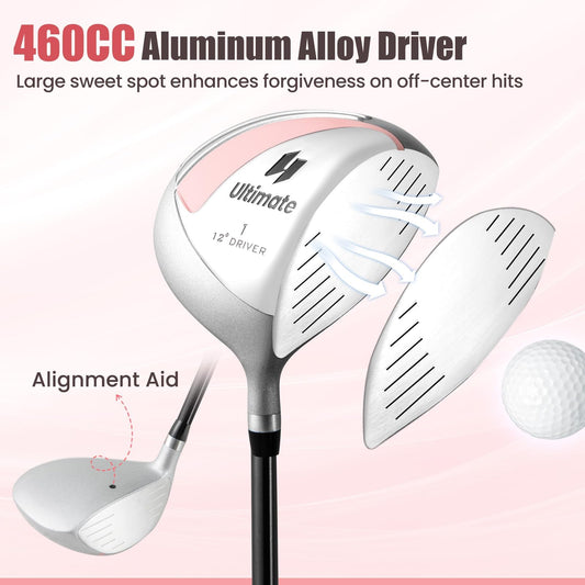 Tangkula 9/10/12 Pieces Women's Complete Golf Clubs Set, Golf Club Package Set With 460cc Driver, Fairway Wood & Hybrid, Irons, Putter, Portable Regular Golf Club Set - Pink