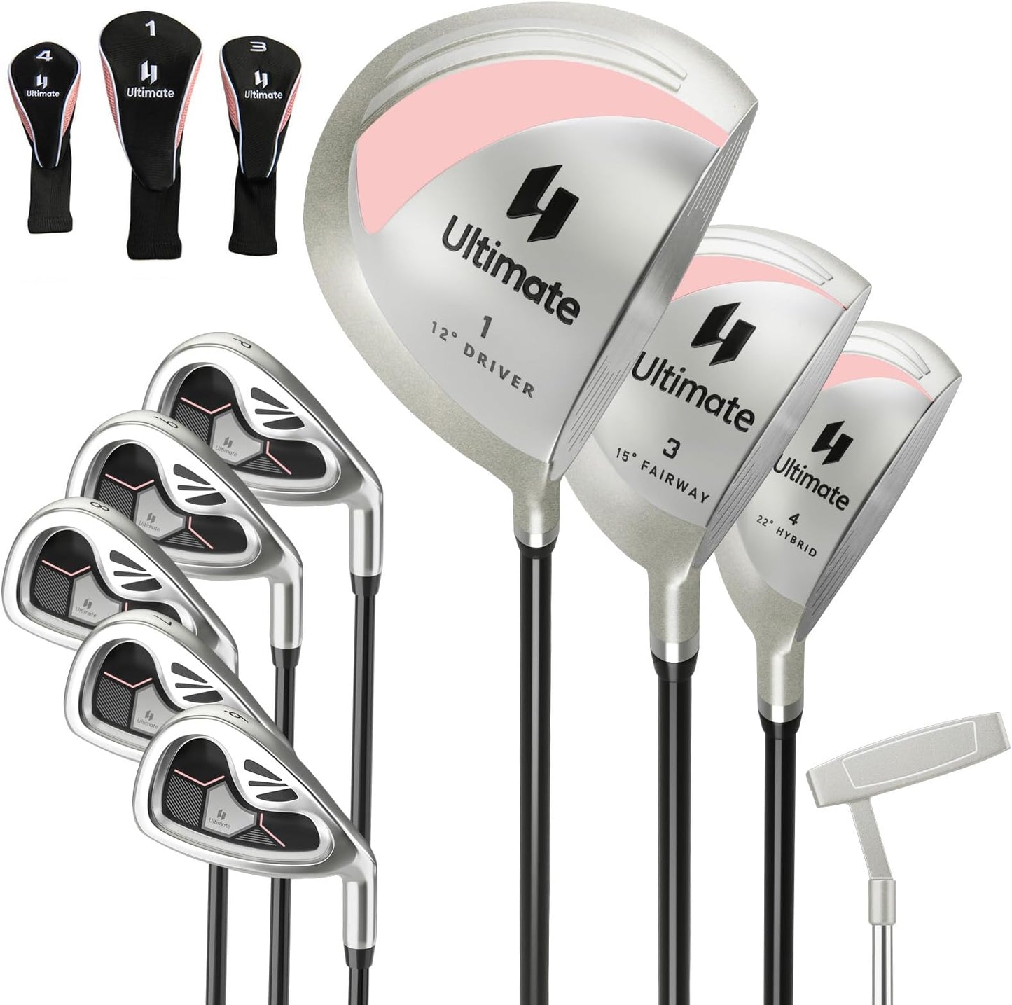 Tangkula 9/10/12 Pieces Women's Complete Golf Clubs Set, Golf Club Package Set With 460cc Driver, Fairway Wood & Hybrid, Irons, Putter, Portable Regular Golf Club Set - Pink & Silver