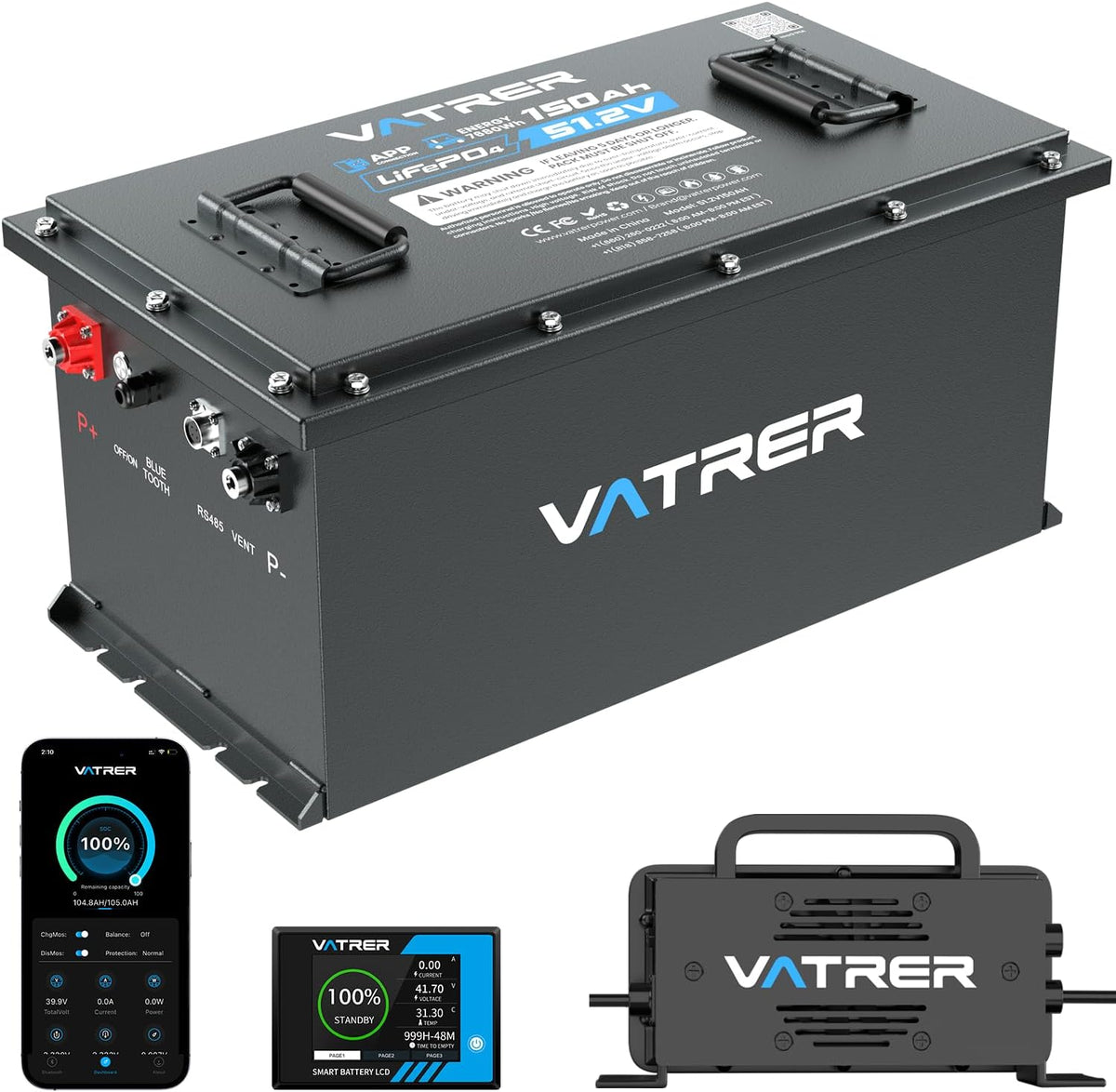 Vatrer Power 48v 150ah Lithium Golf Cart Battery, Built-In Smart 200a Bms, With Touch Monitor & Mobile App, 4000+ Cycles Rechargeable Lifepo4 Battery, Max 10.24kw Power Output, Perfect For Golf Carts - 48v (51.2v) 150ah