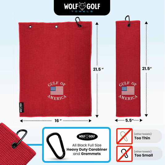 Wolf Golf Towels Gulf Of America Golf Towel | Embroidered Microfiber Funny Golf Accessories | Red Gulf Of America Towel - Gulf Of America - Red Towel