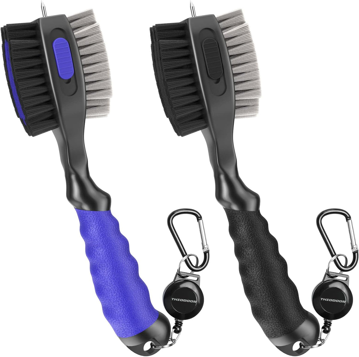 2 Pack Golf Club Brushes And Groove Cleaner 2 Ft Retractable Zipline Carabiner Golf Brush Head With Retractable Spike Comfortable Grip Golf Club Cleaner - 2pcs Black & Blue