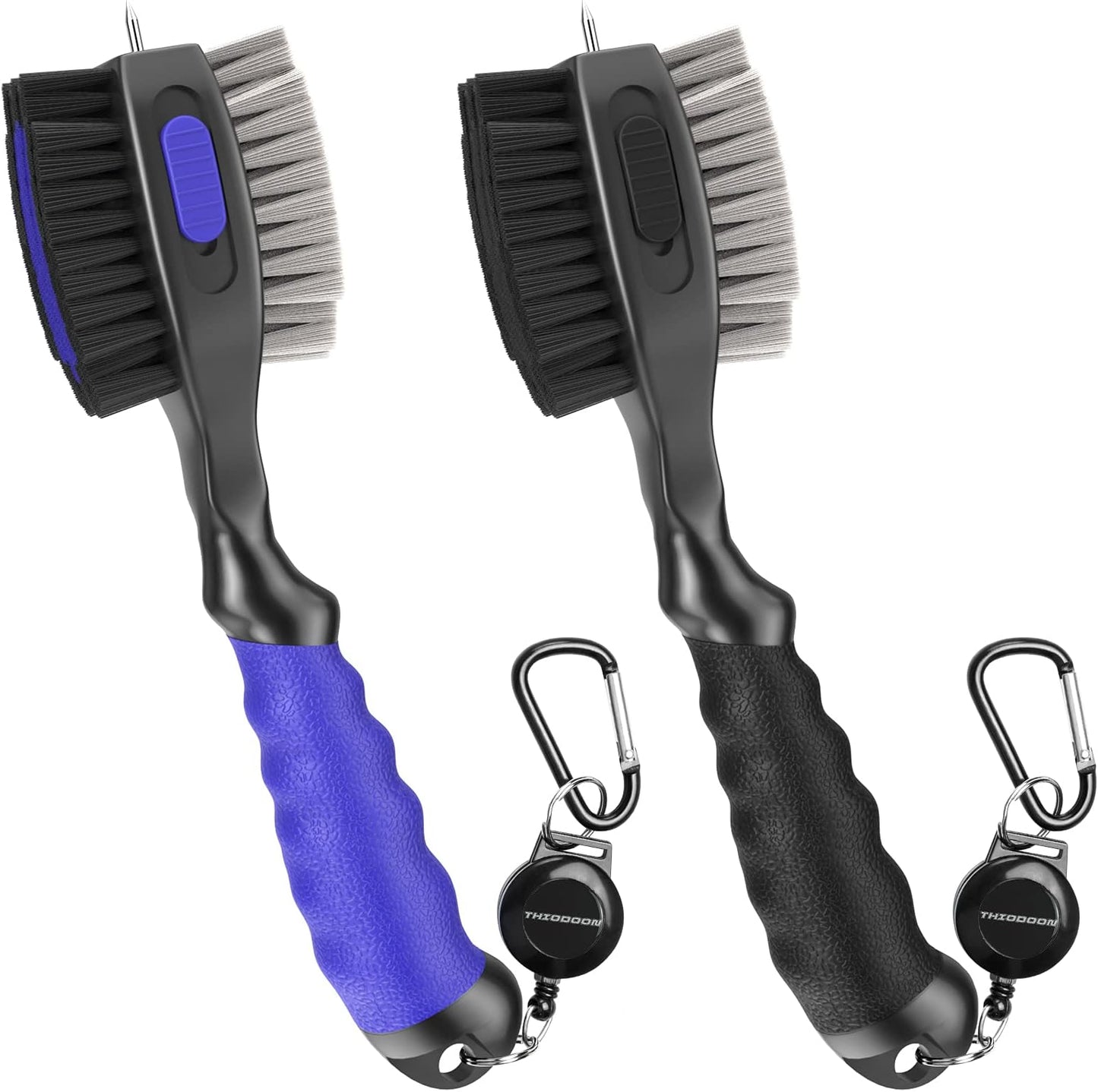 2 Pack Golf Club Brushes And Groove Cleaner 2 Ft Retractable Zipline Carabiner Golf Brush Head With Retractable Spike Comfortable Grip Golf Club Cleaner - 2pcs Black & Blue