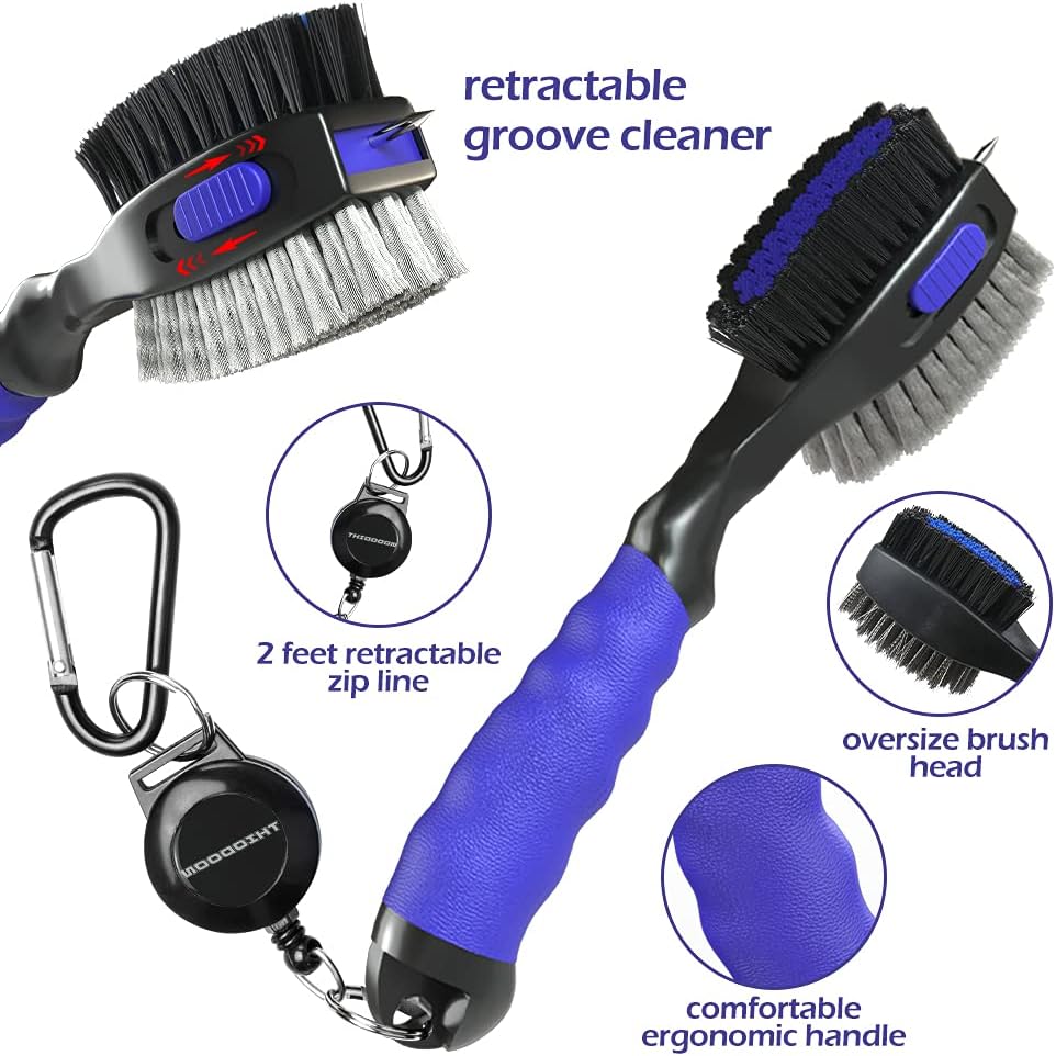 2 Pack Golf Club Brushes And Groove Cleaner 2 Ft Retractable Zipline Carabiner Golf Brush Head With Retractable Spike Comfortable Grip Golf Club Cleaner - 2pcs Black & Blue