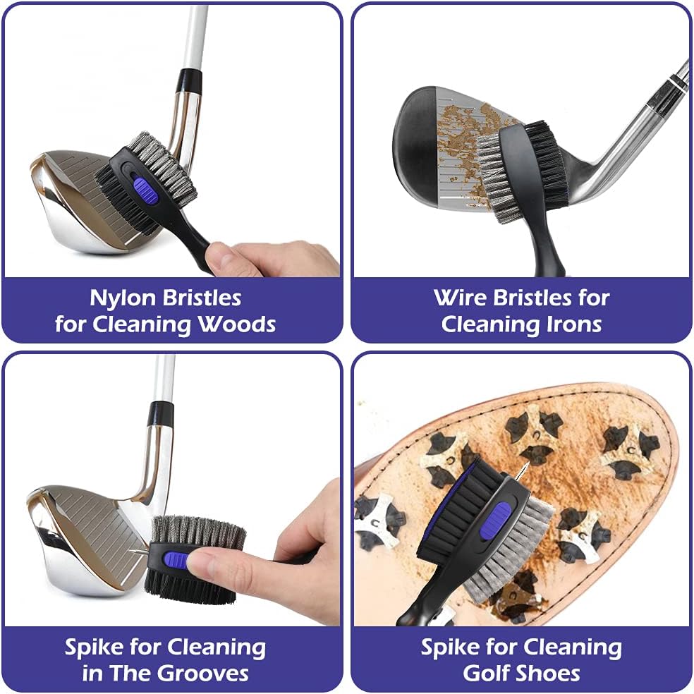 2 Pack Golf Club Brushes And Groove Cleaner 2 Ft Retractable Zipline Carabiner Golf Brush Head With Retractable Spike Comfortable Grip Golf Club Cleaner - 2pcs Black & Blue