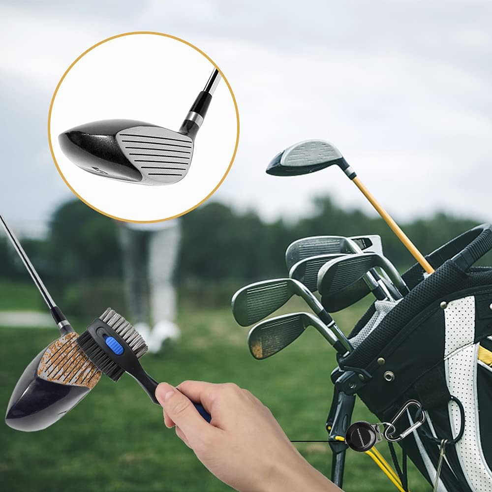 2 Pack Golf Club Brushes And Groove Cleaner 2 Ft Retractable Zipline Carabiner Golf Brush Head With Retractable Spike Comfortable Grip Golf Club Cleaner - 2pcs Black & Blue