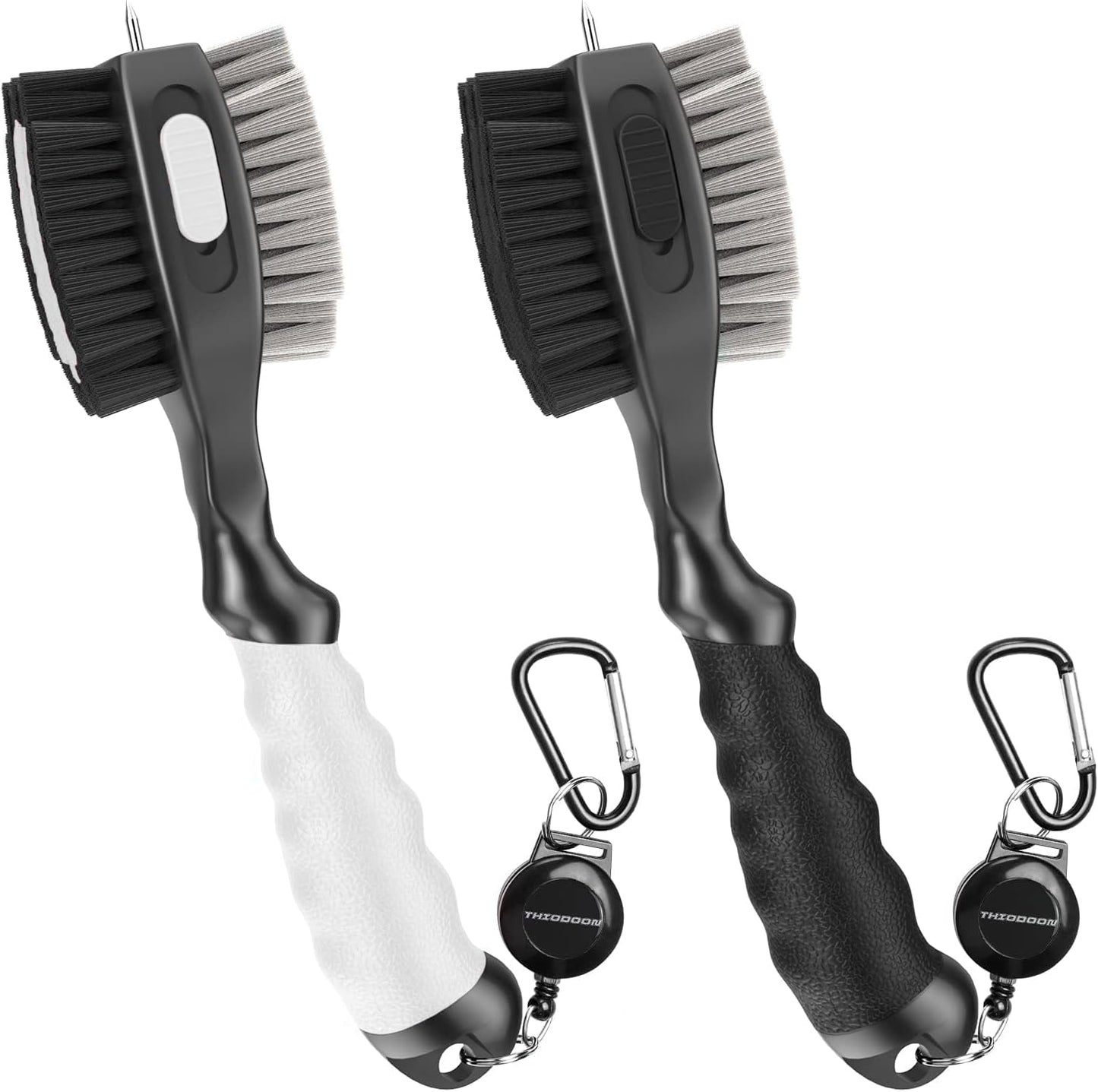 2 Pack Golf Club Brushes And Groove Cleaner 2 Ft Retractable Zipline Carabiner Golf Brush Head With Retractable Spike Comfortable Grip Golf Club Cleaner - 2pcs Black & White