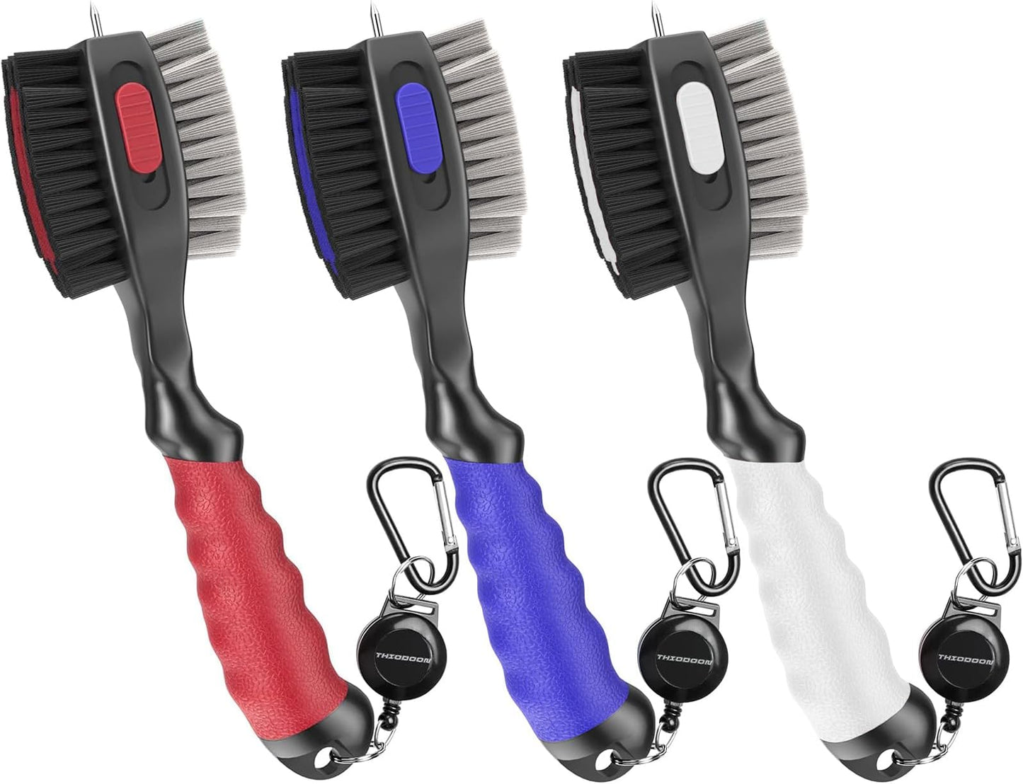 2 Pack Golf Club Brushes And Groove Cleaner 2 Ft Retractable Zipline Carabiner Golf Brush Head With Retractable Spike Comfortable Grip Golf Club Cleaner - 3pcs White& Red & Blue