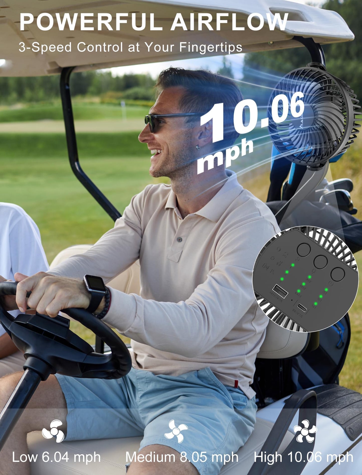 2-Pack Magnetic Golf Cart Fan Rechargeable, 12000mah Battery Operated Portable Fan With 3 Speeds, Led Lantern, Magnetic Base, Suitable For Ezgo Club Car Yamaha, Golf Cart & Cruise Ship Accessories - 2-Pack