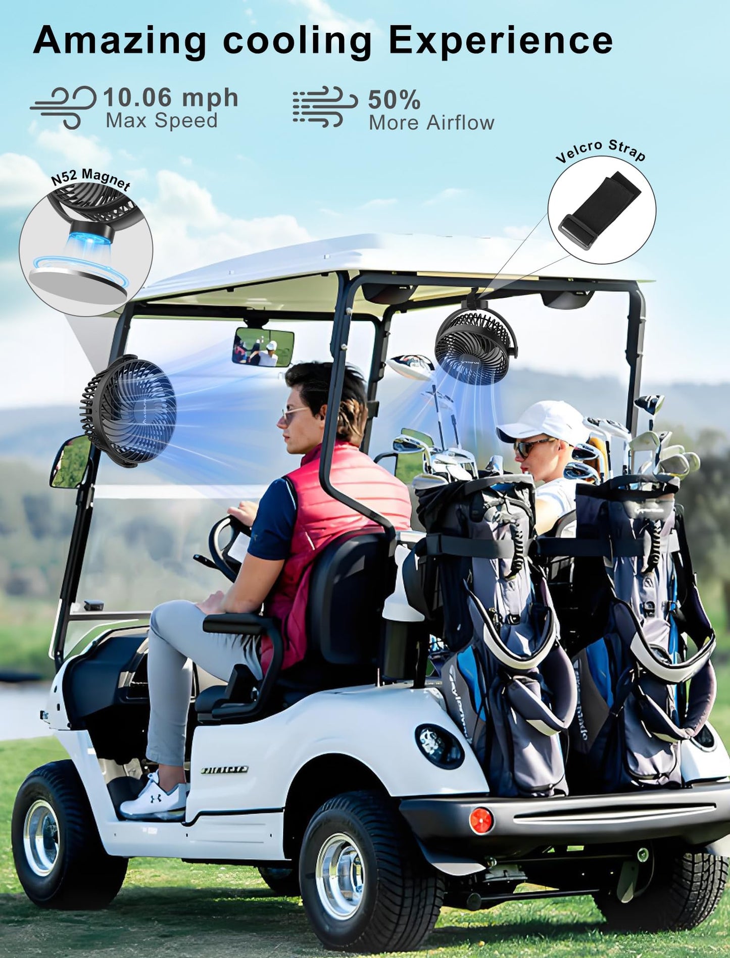 2-Pack Magnetic Golf Cart Fan Rechargeable, 12000mah Battery Operated Portable Fan With 3 Speeds, Led Lantern, Magnetic Base, Suitable For Ezgo Club Car Yamaha, Golf Cart & Cruise Ship Accessories - 2-Pack