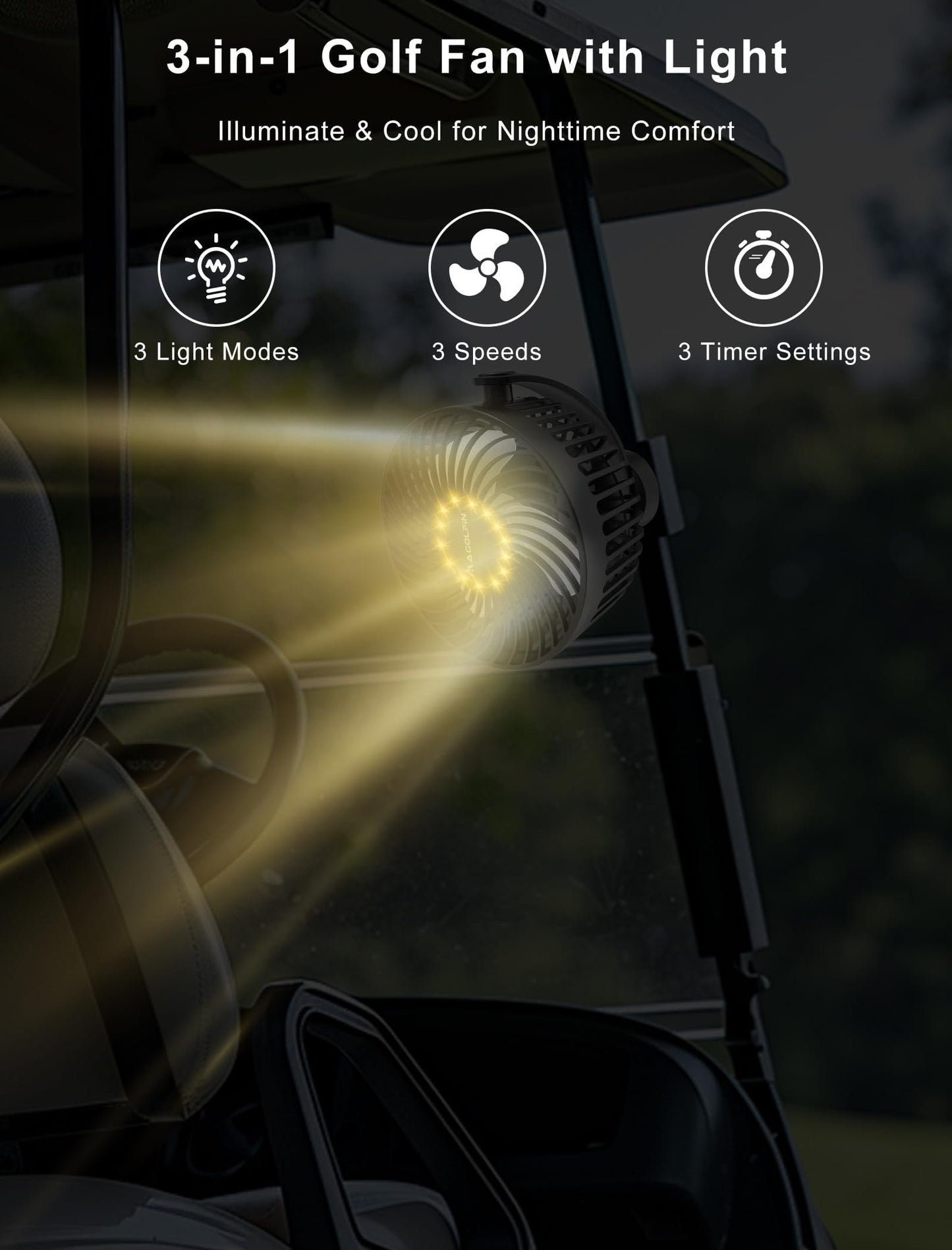 2-Pack Magnetic Golf Cart Fan Rechargeable, 12000mah Battery Operated Portable Fan With 3 Speeds, Led Lantern, Magnetic Base, Suitable For Ezgo Club Car Yamaha, Golf Cart & Cruise Ship Accessories - 2-Pack
