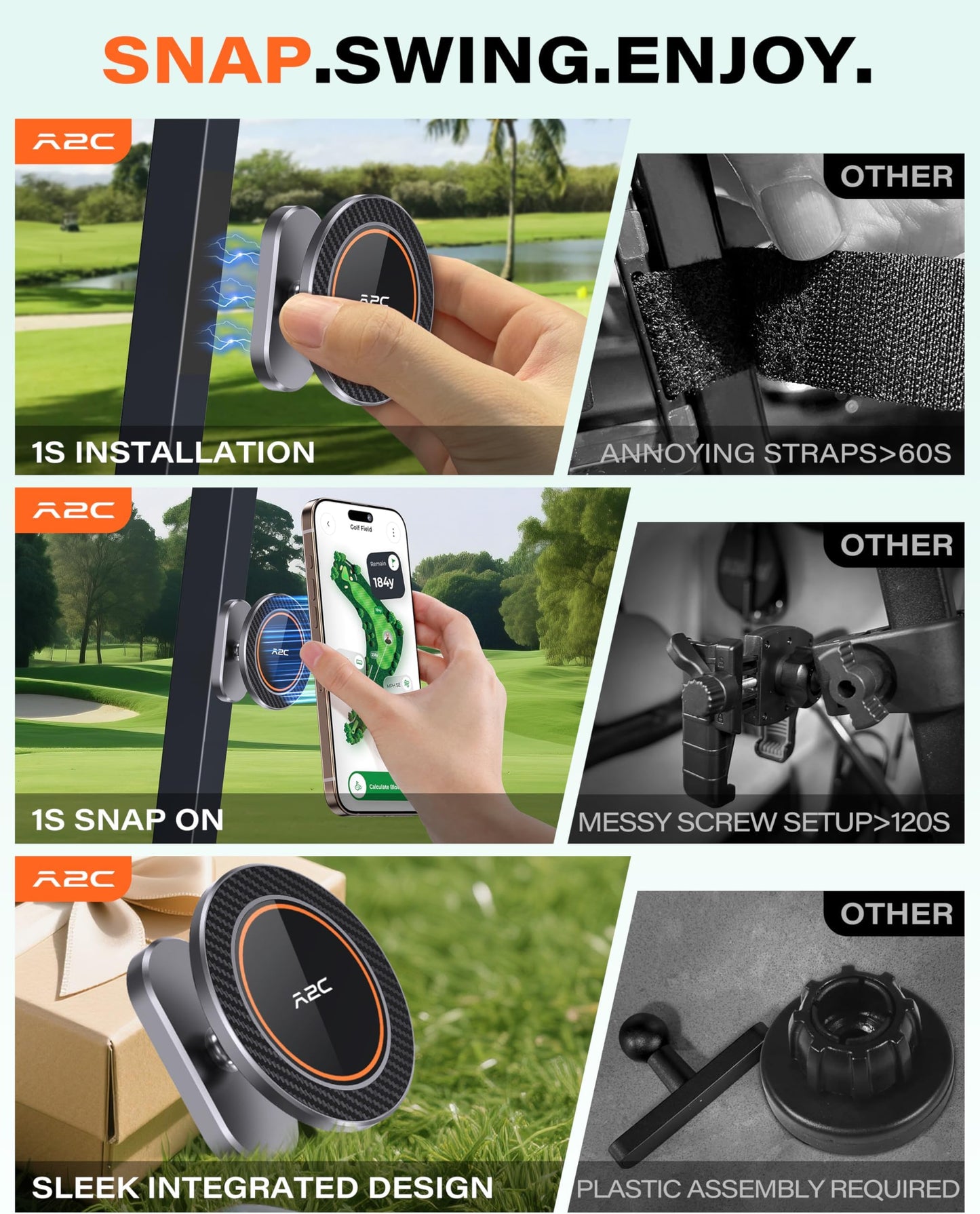 A2c Alloy Magnetic Golf Cart Phone Holder For Magsafe Iphone, Unique Fathers Day Golf Gifts For Men Dad Him Husband Ladies Her Golfers, Golf Accessories Essentials Gadgets Fits Ezgo, Club Car, Yamaha - Iron Gray