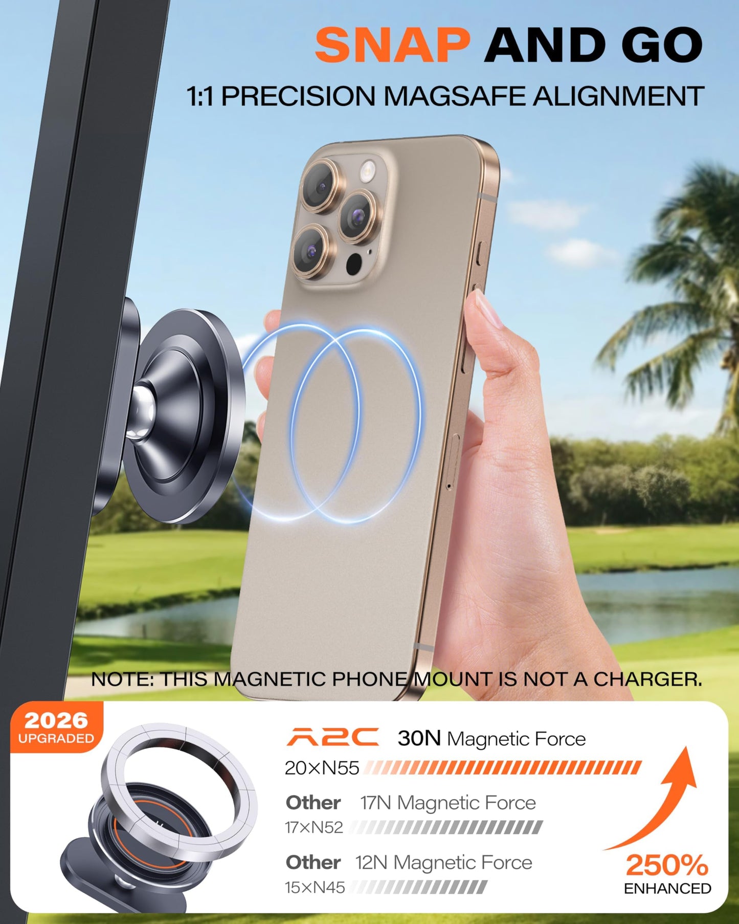 A2c Alloy Magnetic Golf Cart Phone Holder For Magsafe Iphone, Unique Fathers Day Golf Gifts For Men Dad Him Husband Ladies Her Golfers, Golf Accessories Essentials Gadgets Fits Ezgo, Club Car, Yamaha - Iron Gray