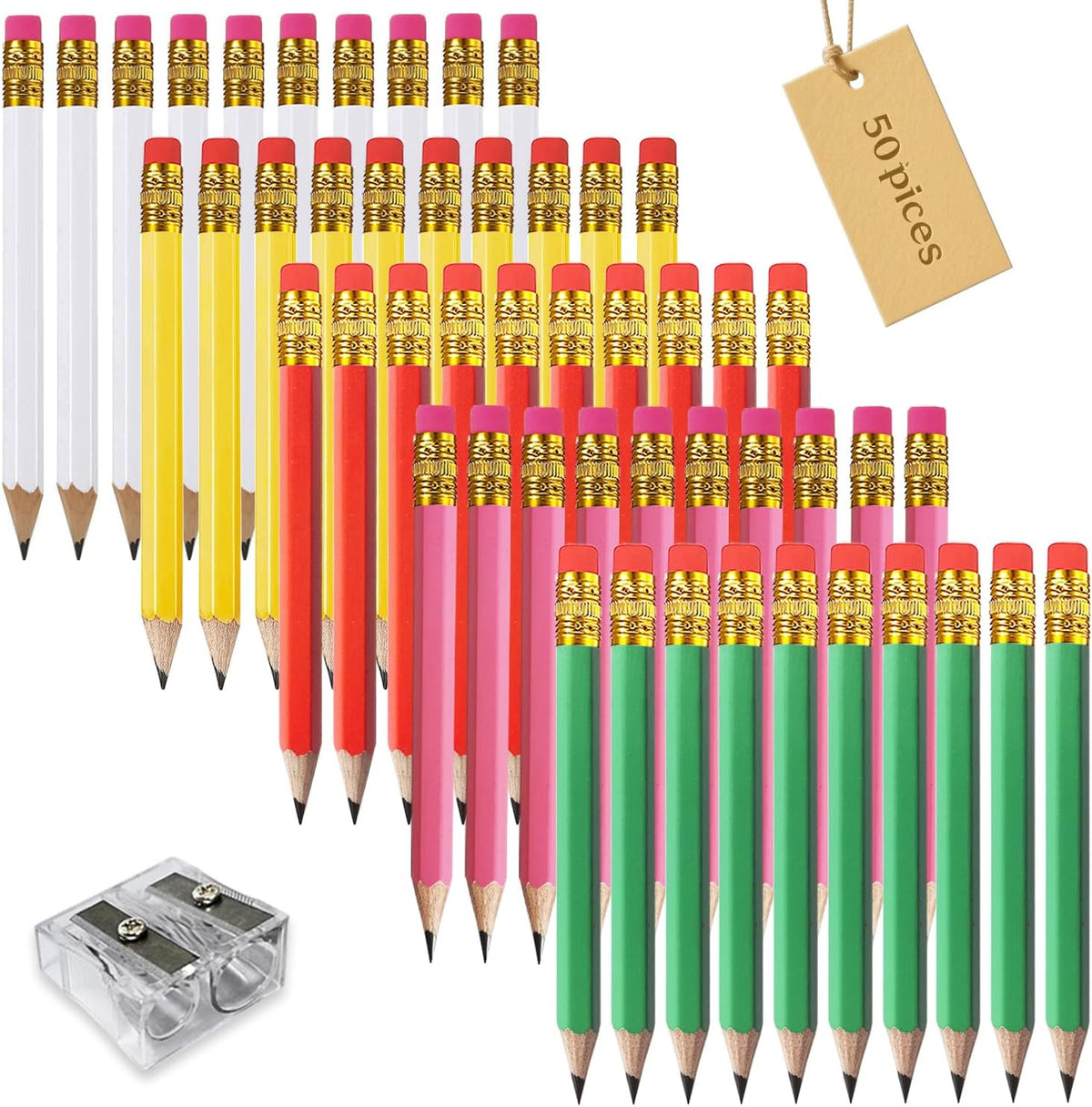 Adhere 25pcs Golf Pencils With Eraser Hexagon Wooden Pencils Graphite 2b For Golf Event Scoring,classroom,wedding,company Meetings,pew, Pocket (pink) - White・pink・red・yellow・light Green・50pcs