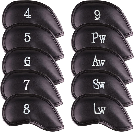 All Teed Up Premium Magnetic Leather Iron And Wedge Golf Club Head Covers | Set Of 10 | Fits Most Clubs | Embroidered Club Label On Both Sides Of Club Head Cover - 4-Lw (set Of 10 Covers)