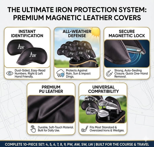 All Teed Up Premium Magnetic Leather Iron And Wedge Golf Club Head Covers | Set Of 10 | Fits Most Clubs | Embroidered Club Label On Both Sides Of Club Head Cover - 4-Lw (set Of 10 Covers)