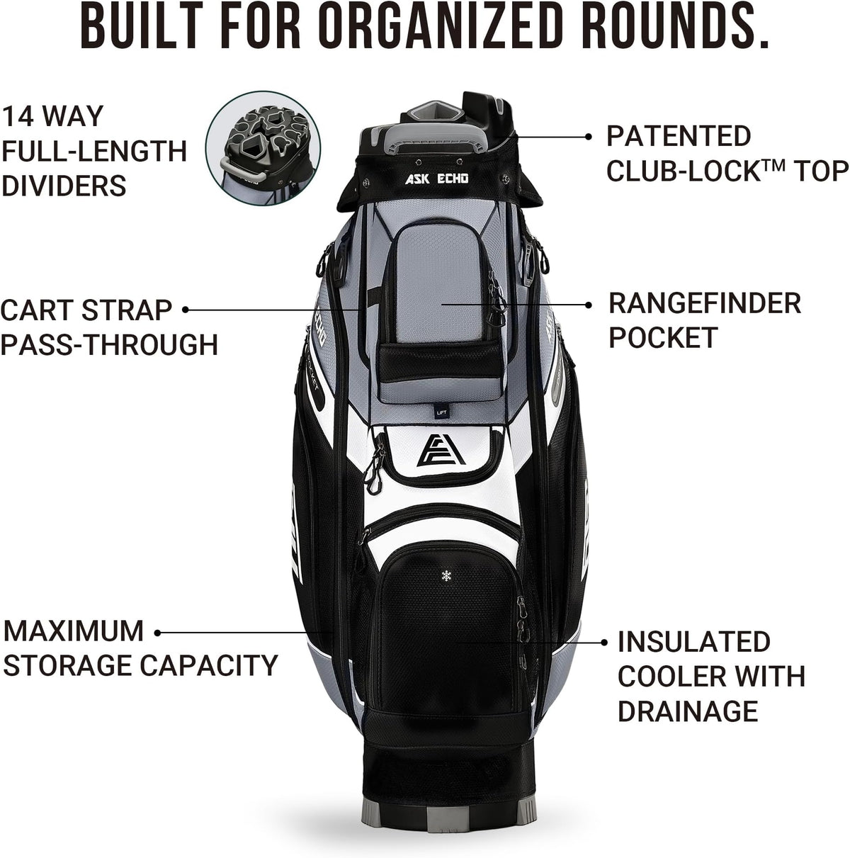 Ask Echo T-Lock Golf Cart Bag, Quiet 14-Way Full-Length Divider | Keeps Every Club Protected, Organized And Easy To Access.smart Pocket Layout Keeps Every Essential Within Easy Reach - Grey
