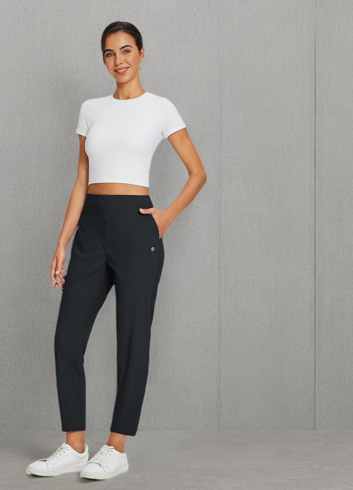 Baleaf Womens Travel Pants Lightweight Stretch With Zipper Pockets Petite Ankle Dressy Golf Work Business Casual Slacks - Black