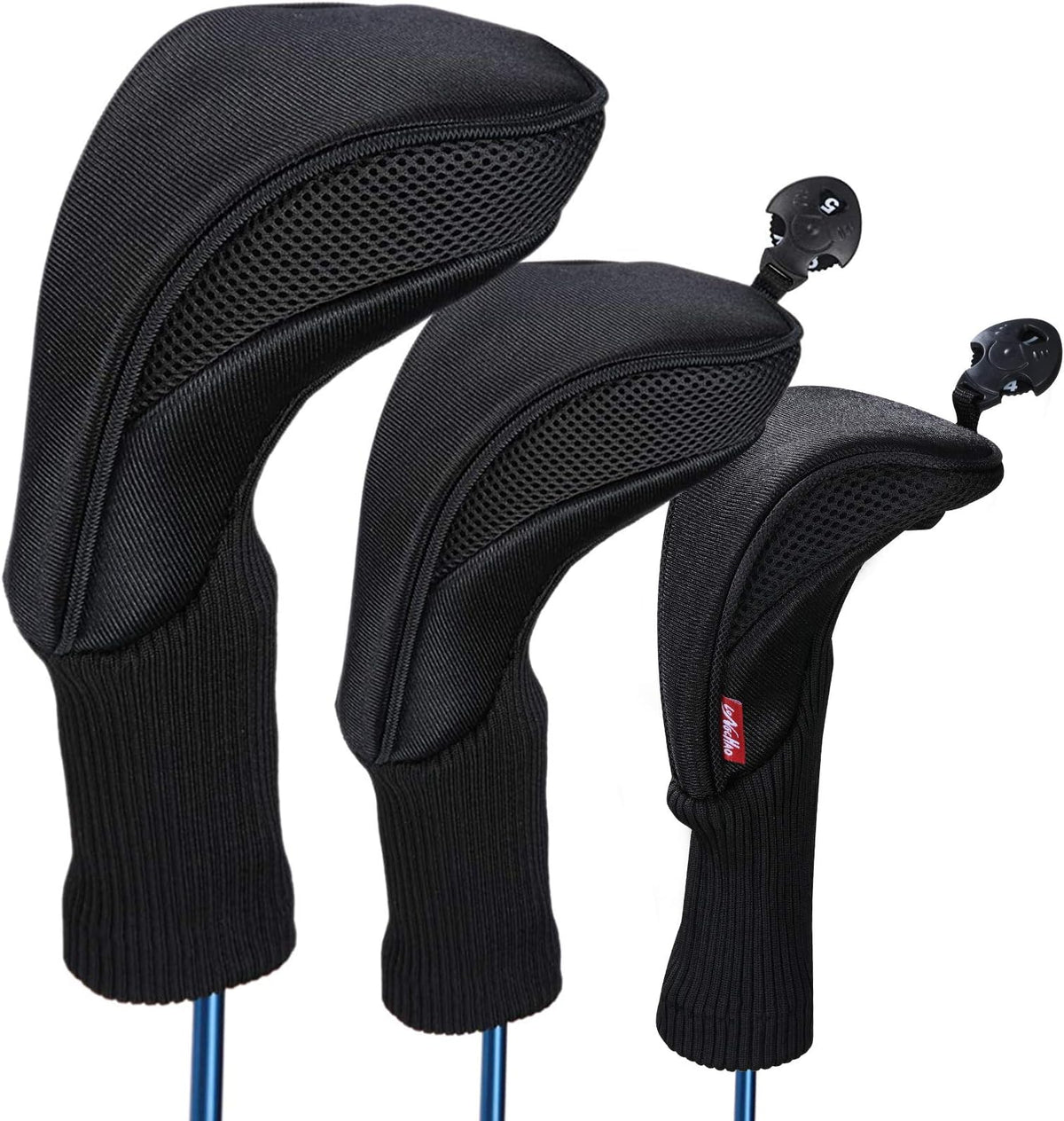 Black Golf Club Head Cover For Driver Fairway 3 Pcs Woods Headcovers, Golf Accessories Hybrid Head Covers Set With Interchangeable Tags 3 4 5 7 X - Black
