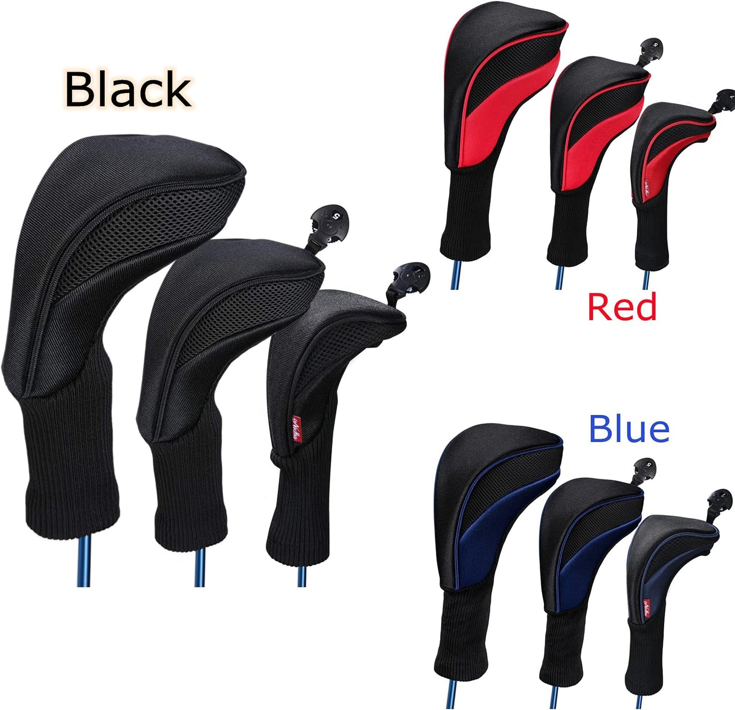 Black Golf Club Head Cover For Driver Fairway 3 Pcs Woods Headcovers, Golf Accessories Hybrid Head Covers Set With Interchangeable Tags 3 4 5 7 X - Black