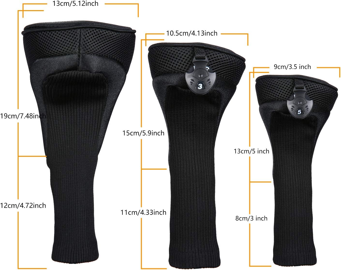 Black Golf Club Head Cover For Driver Fairway 3 Pcs Woods Headcovers, Golf Accessories Hybrid Head Covers Set With Interchangeable Tags 3 4 5 7 X - Black
