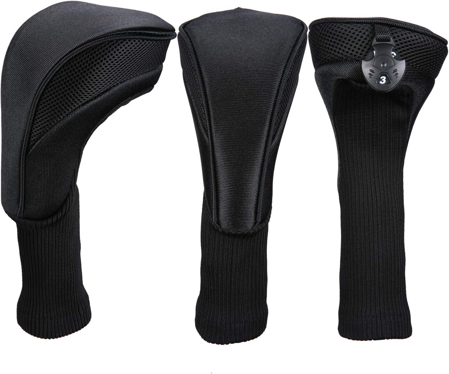 Black Golf Club Head Cover For Driver Fairway 3 Pcs Woods Headcovers, Golf Accessories Hybrid Head Covers Set With Interchangeable Tags 3 4 5 7 X - Black