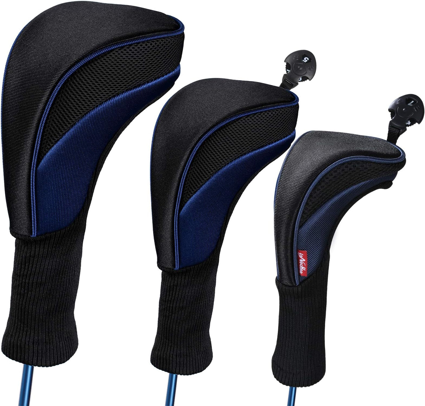 Black Golf Club Head Cover For Driver Fairway 3 Pcs Woods Headcovers, Golf Accessories Hybrid Head Covers Set With Interchangeable Tags 3 4 5 7 X - Black/blue