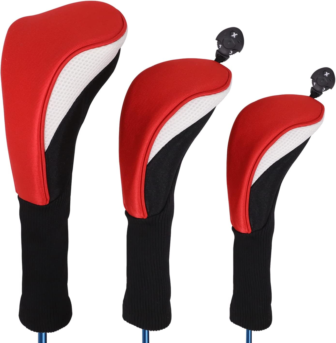 Black Golf Club Head Cover For Driver Fairway 3 Pcs Woods Headcovers, Golf Accessories Hybrid Head Covers Set With Interchangeable Tags 3 4 5 7 X - Red White