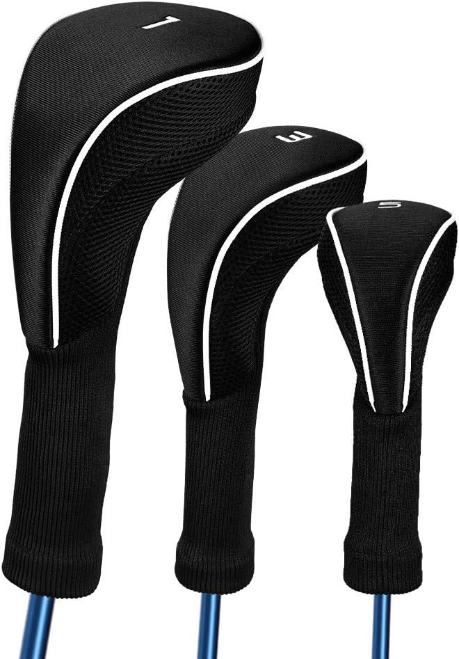 Black Golf Club Head Cover For Driver Fairway 3 Pcs Woods Headcovers, Golf Accessories Hybrid Head Covers Set With Interchangeable Tags 3 4 5 7 X - Black 135