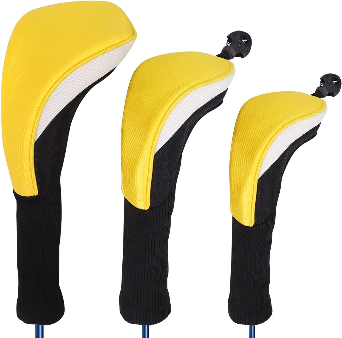 Black Golf Club Head Cover For Driver Fairway 3 Pcs Woods Headcovers, Golf Accessories Hybrid Head Covers Set With Interchangeable Tags 3 4 5 7 X - Yellow White