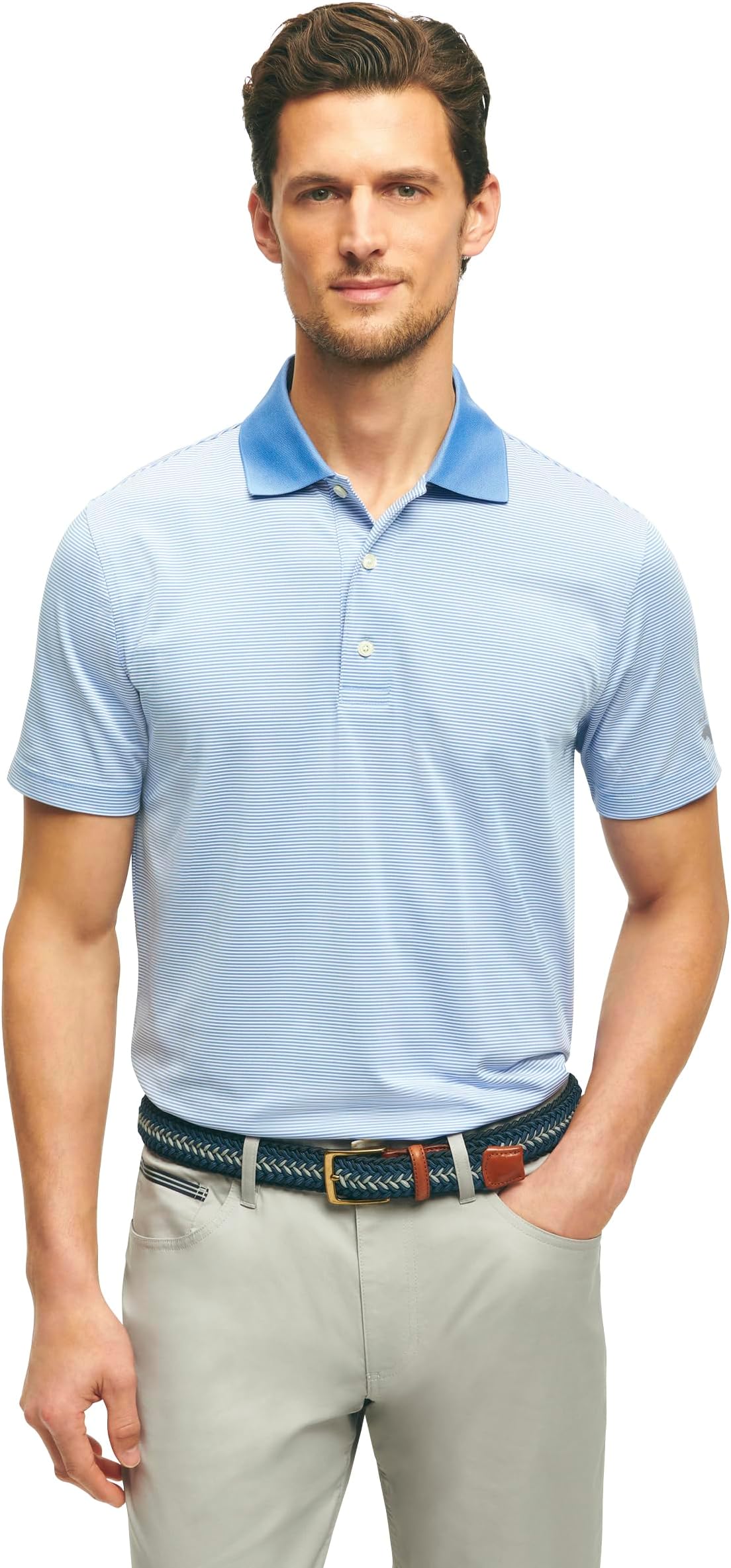Brooks Brothers Men's Performance Stretch Short Sleeve Mini Stripe Golf Polo - Blue