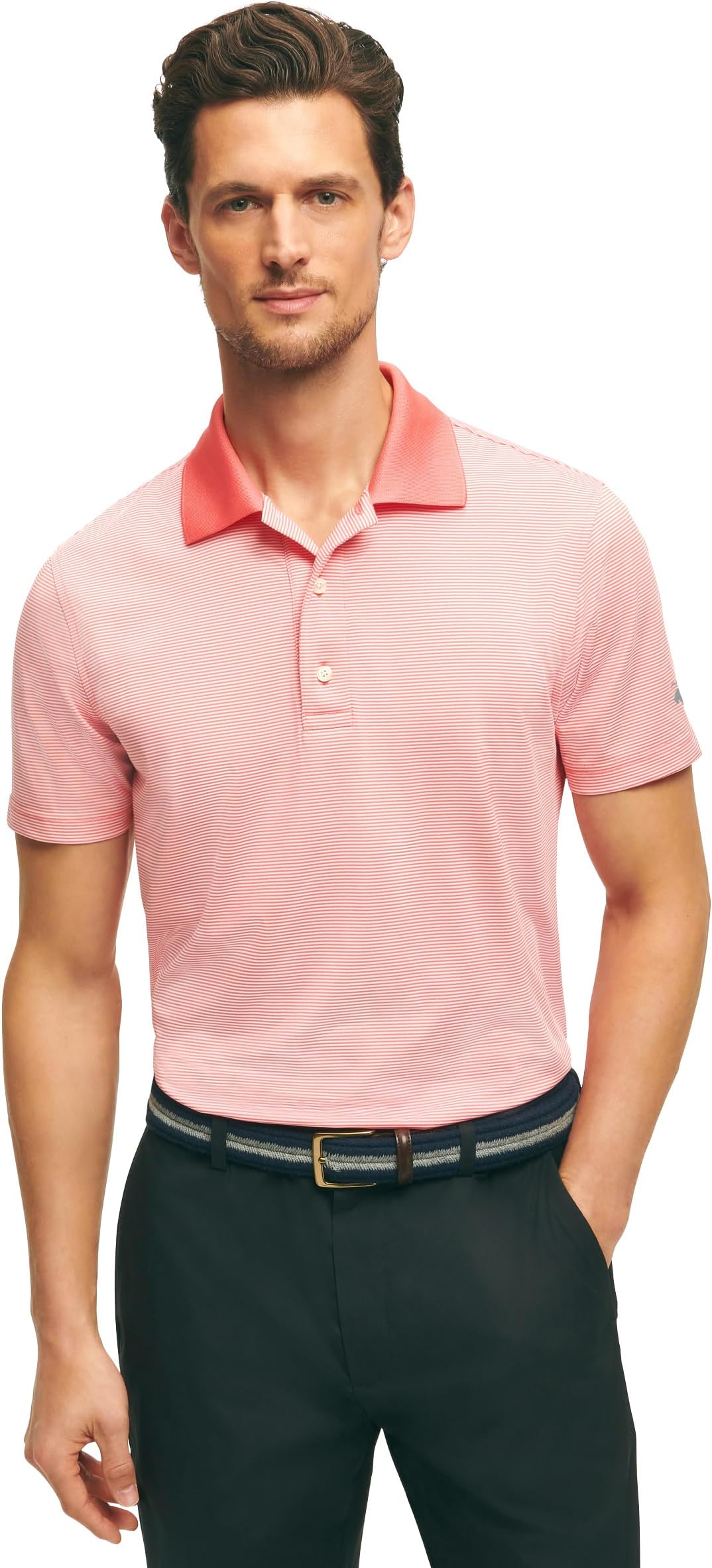Brooks Brothers Men's Performance Stretch Short Sleeve Mini Stripe Golf Polo - Coral