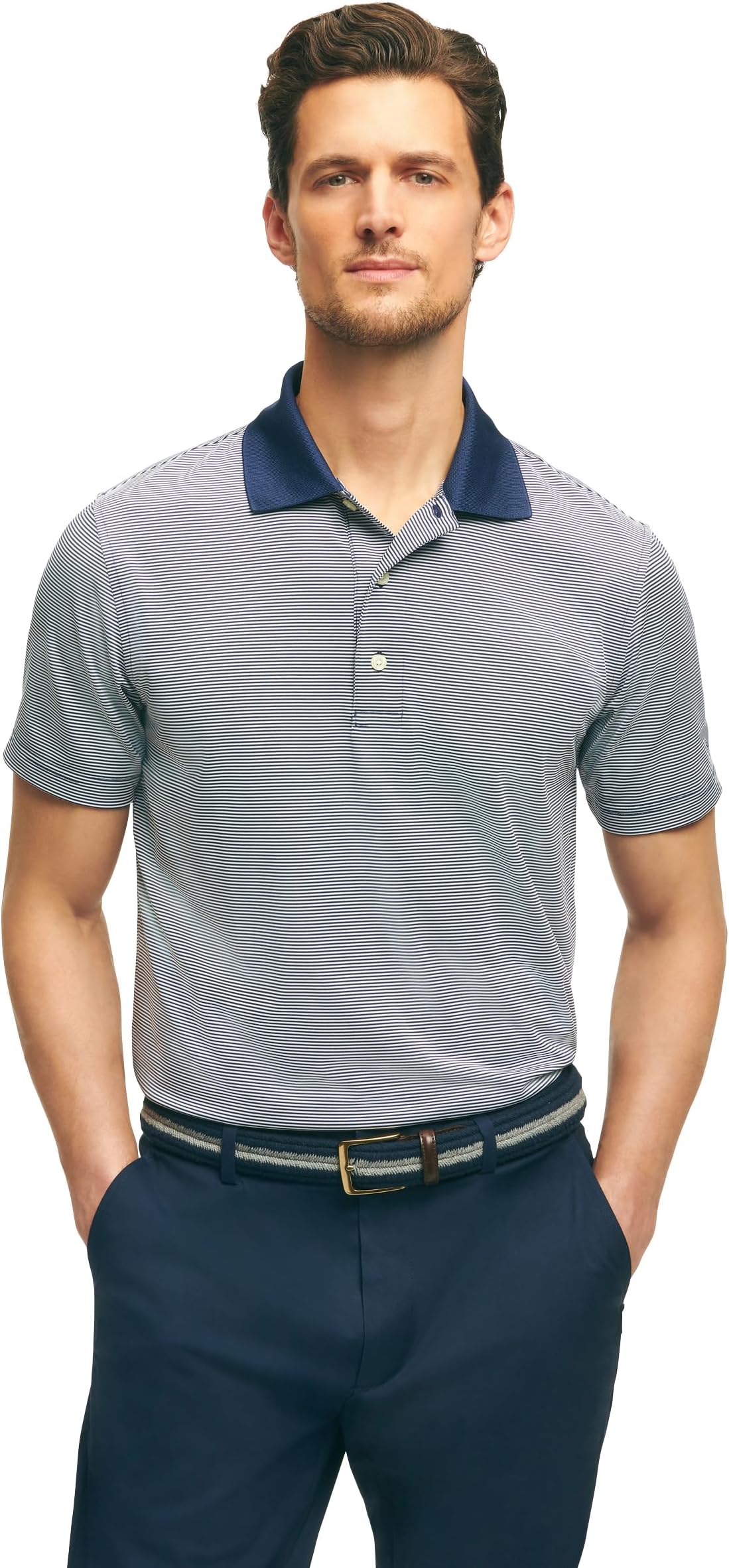 Brooks Brothers Men's Performance Stretch Short Sleeve Mini Stripe Golf Polo - Navy