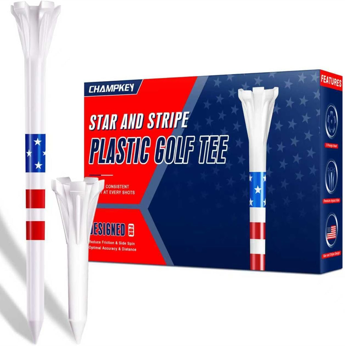 CHAMPKEY 5-Prong Plastic Golf Tees 120 Pack - Star & Stripe Marking System