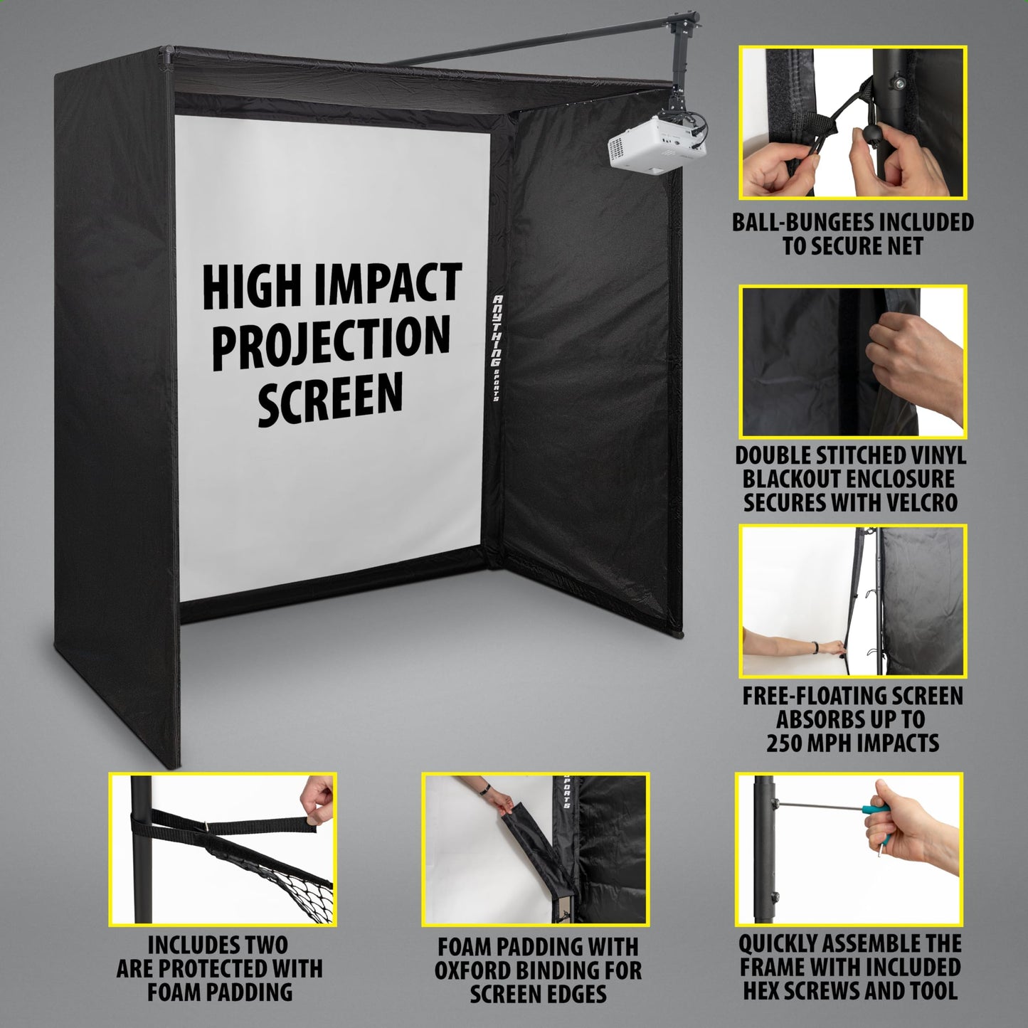 Complete Golf Simulator Enclosure Package – 4k-Ready Impact Screen With Blackout Cage, Projector Mount, Frame Poles, Side Shank Nets | Indoor & Garage Practice | Easy Setup | 12-Month Warranty - 11 X 8'4 X 5