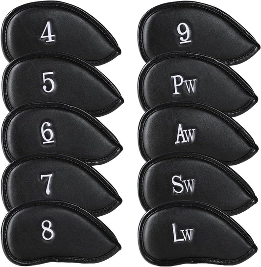 Double-Sided Embroidered Golf Iron Covers Magnetic Synthetic Leather For Left & Right-Handed Clubs. Waterproof, Scratch-Resistant, And Durable Daily Protection. - 10 Pack - Black