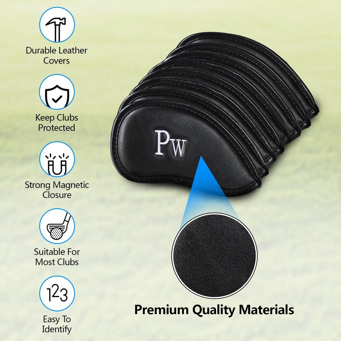 Double-Sided Embroidered Golf Iron Covers Magnetic Synthetic Leather For Left & Right-Handed Clubs. Waterproof, Scratch-Resistant, And Durable Daily Protection. - 10 Pack - Black