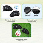 Double-Sided Embroidered Golf Iron Covers Magnetic Synthetic Leather For Left & Right-Handed Clubs. Waterproof, Scratch-Resistant, And Durable Daily Protection. - 10 Pack - Black