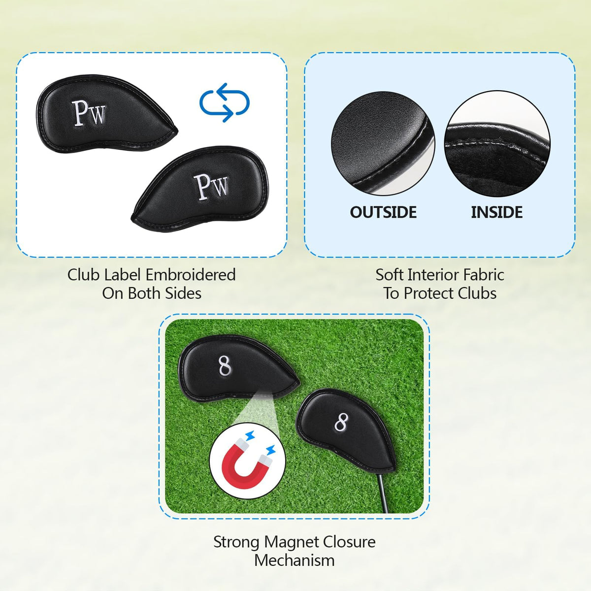 Double-Sided Embroidered Golf Iron Covers Magnetic Synthetic Leather For Left & Right-Handed Clubs. Waterproof, Scratch-Resistant, And Durable Daily Protection. - 10 Pack - Black