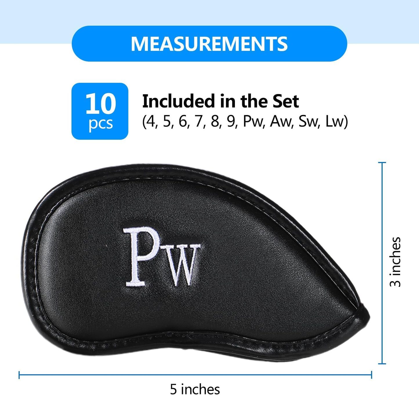 Double-Sided Embroidered Golf Iron Covers Magnetic Synthetic Leather For Left & Right-Handed Clubs. Waterproof, Scratch-Resistant, And Durable Daily Protection. - 10 Pack - Black