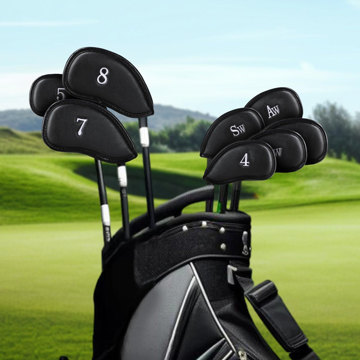 Double-Sided Embroidered Golf Iron Covers Magnetic Synthetic Leather For Left & Right-Handed Clubs. Waterproof, Scratch-Resistant, And Durable Daily Protection. - 10 Pack - Black
