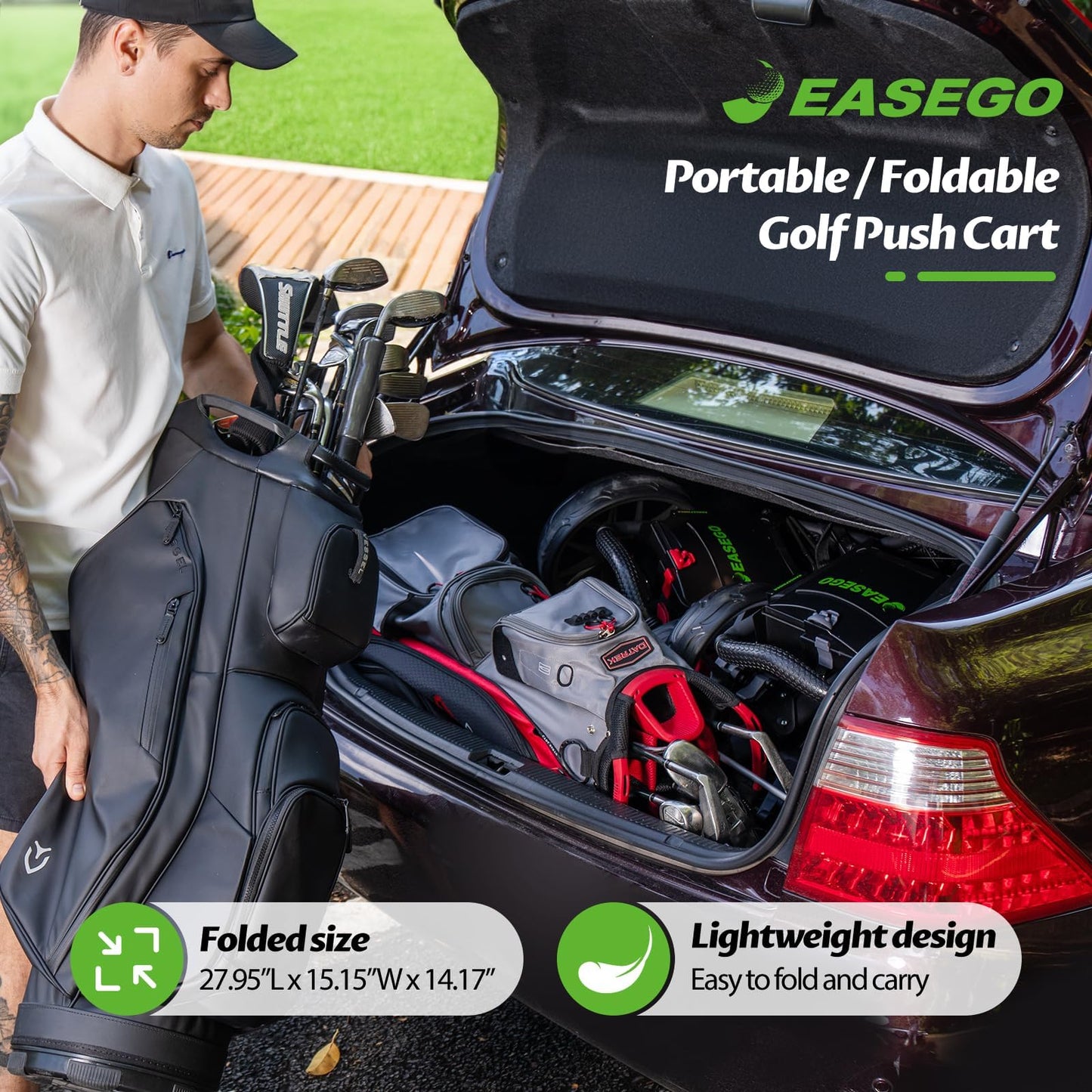 Easego Golf Push Cart 3 Wheel : Golf Bag Cart Foldable With Phone Holder/cup/umbrella Holder Compact Golf Pull Carts Quick Fold Golf Caddy Push Carts With Large Wheelbase For Different Terrain - Black